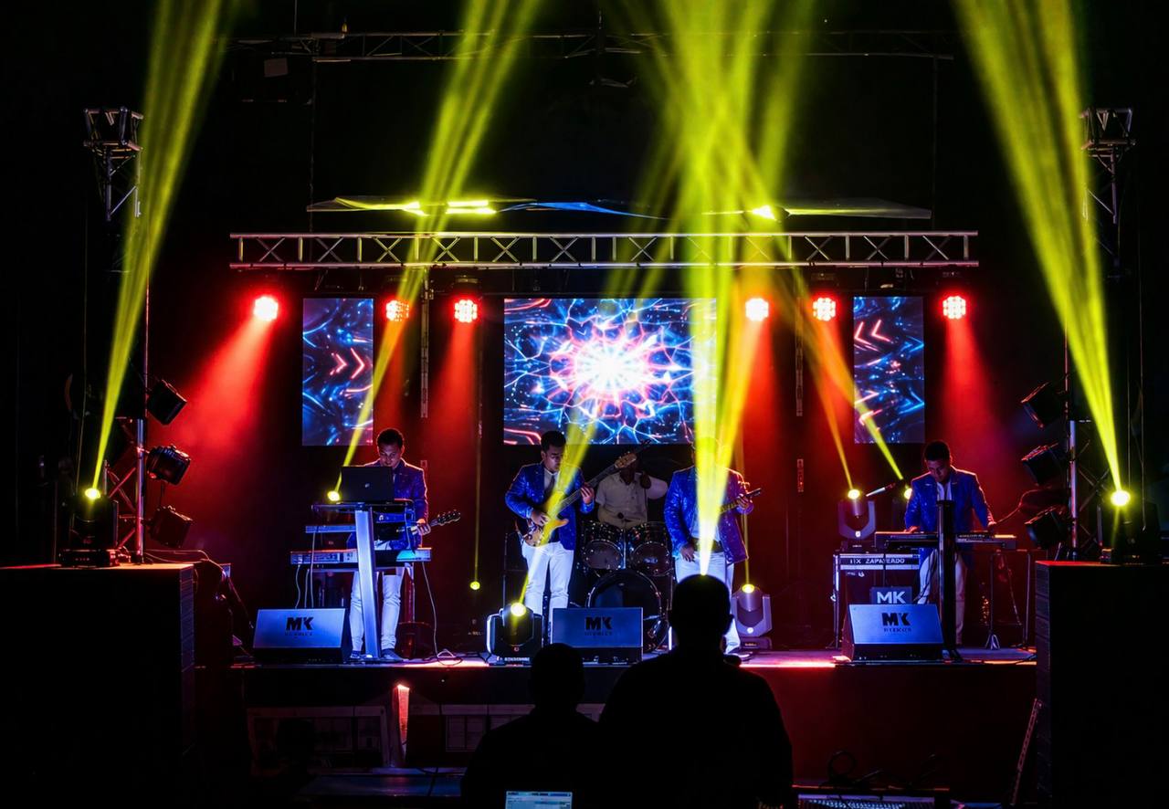 Live band performing under colorful lights at Teatro Azteca